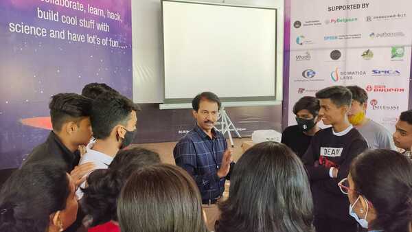Praveen Patil instructing the volunteers for Science Hack Day, a fun 3 day event where professionals and makers build and learn 